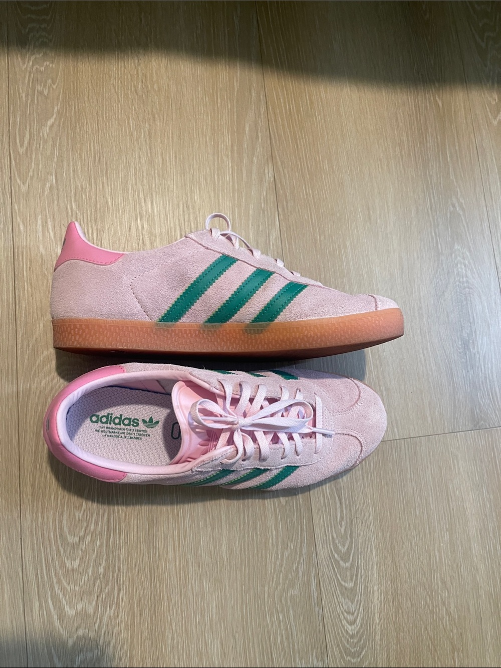 Adidas gazelle pink and green. Big kids